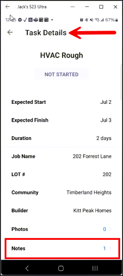 notes display at bottom